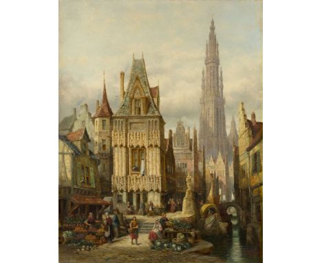 Henry (Henri) Schäfer, French 1833-1916- Views of a Northern European Cathedral, exterior and interior; oils on canvas, each 