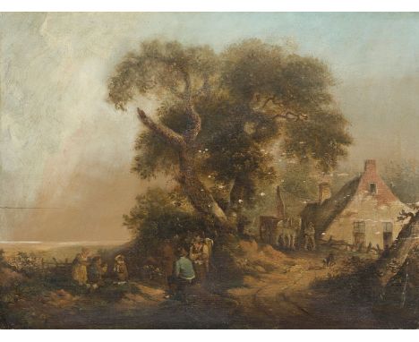 Circle of John Crome, British 1768-1821- A village track with horse and cart, figures, and dogs; oil on panel, bears old labe