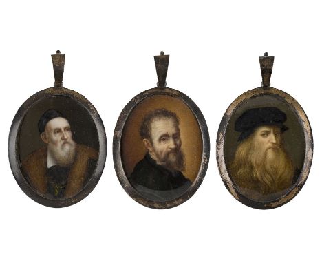 A. Corsi Lalli,Italian 1849-1937-Three portrait miniatures - Portraits of Leonardo da Vinci, Titian, and Michelangelo;miniatu