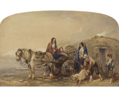 George Bryant Campion, British 1796-1870- A horse and cart with figures, ducks and a pig beside a rural dwelling; pencil and 