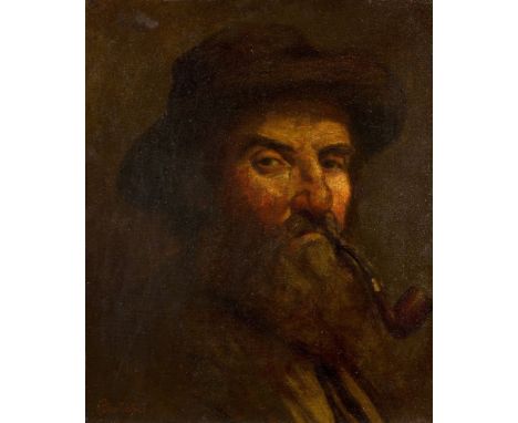 Périclès Pantazis, Greek 1849/50-1884- Portrait of a gentleman, bust-length, wearing a hat and smoking a pipe; oil on board, 