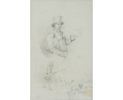 Henry Thomas Alken, British 1785-1851- Studies of a huntsman with dogs and a man smoking a pipe; pencil on paper, 19.3 x 11.8