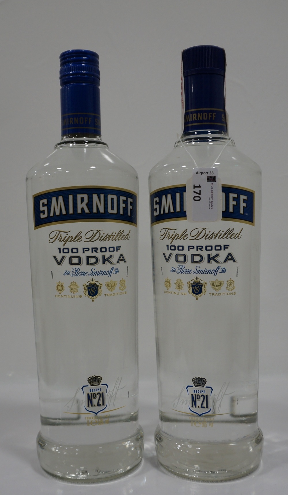 TWO BOTTLES SMIRNOFF BLUE LABEL 100 PROOF VODKA 2 x 1 Litre/ 50 abv