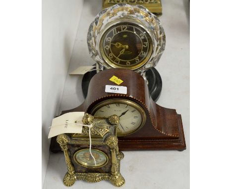 An early 20th Century French inlaid mahogany miniature mantel clock, 14cms high; together with a British United Clock Co. Ltd