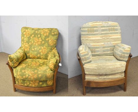 Ercol: two elm 'Renaissance' style Golden Dawn armchairs, measuring approximately 87 across arms x 93cms high; and 82 across 