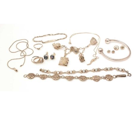 A selection of silver jewellery, including bracelets, bangle, pendant, ring and other items.