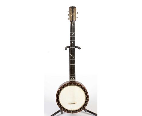 A Late 19th Century English Zither Banjo, possibly made by Windsor, with walnut neck, ebony fretboard inlaid with mother of p