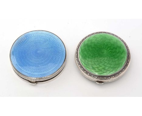 Two silver and guilloche enamel compacts, one by Crisford &amp; Norris, in blue enamel; the other with green enamel.