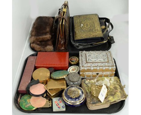 A selection of lady's bags and dressing table accessories, including: a Stratton gilt metal powder compact; other powder comp