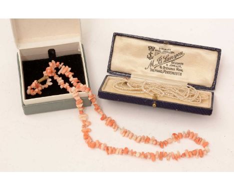 A 19th Century three row seed pearl necklace; and a branch coral necklace. 