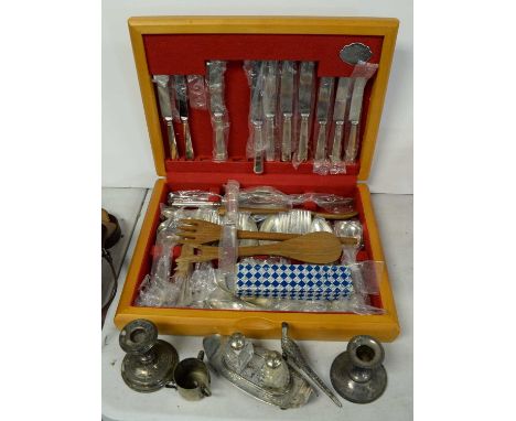 A teak canteen of cutlery, by Cooper Ludlam, Sheffield, England; together with a selection of silver and plated wares, includ