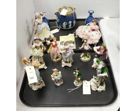 A collection of decorative ceramics, including: A Wedgwood biscuit barrel; a pair of Wedgwood Jasperware vases; a Coalport 'E