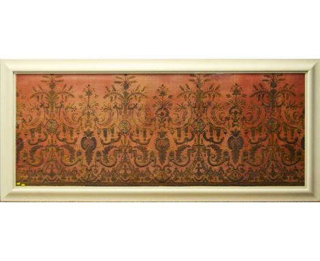 A large Chinese style printed red panel depicting flowers, leaf and C Scroll design in a contemporary frame, 227 x 106cms hig