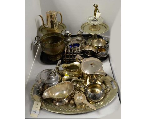 A selection of silver-plated and metalware, including: a brass and cut-glass figural fountain form dish; a pair of silver-pla