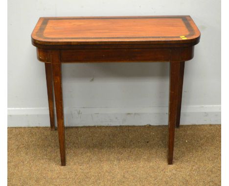 A George III mahogany and rosewood banded D shaped gateleg card table, the hinged top opening to reveal a baize lined playing