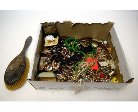 A selection of silver and costume jewellery, including: bead necklaces; silver backed hair brush; bangles; and other items. 