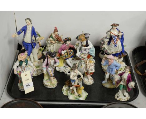 A selection of Continental ceramic figures and figure groups, including Capodimonte, Dresden and others.