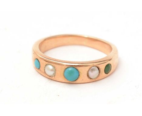 A Victorian half pearl and turquoise ring, on yellow metal mount and shank, unmarked, 4.5g gross. 