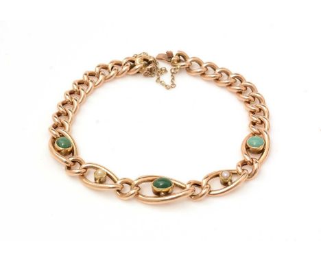 A late Victorian 15ct yellow gold, turquoise and half pearl bracelet, clasp stamped 15ct, 15.7g gross.