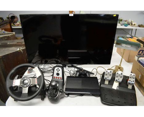 A Samsung flatscreen television; together with Logitech Racing and Driving Simulation Gear, including wheel and pedals; a Pla