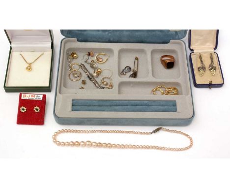 A pair of seed pearl and marcasite grape and vine pattern earrings, a selection of gold and yellow metal earrings, and other 