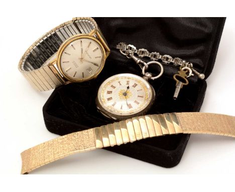 A Swiss silver cased fob watch, the silvered roman dial with gilt leaf design, on fancy link chain; and an Accurist automatic