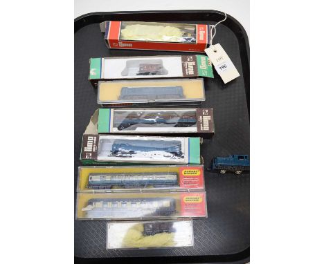 A selection of N-Gauge model railway carriages, including: N-Scale Lima micro model 306 Passenger Car, in box; Hornby Minitri