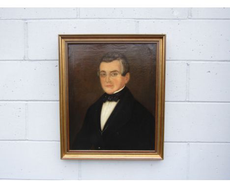 A mid to late 19th Century oil on canvas, portrait of a Gentleman wearing glasses. Unsigned work. Gilt framed. Image size 57c