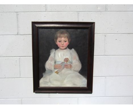 An oak framed and glazed oil on canvas portrait study of a young girl holding a doll. Indistinctly signed top left. Image siz