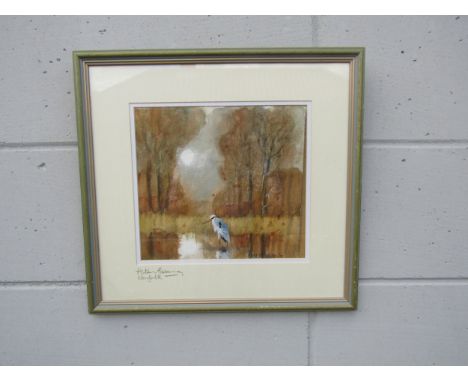 HUGH BRANDON COX (1917-2003) A framed and glazed watercolour - 'Autumn Fishing' depicting a standing Grey Heron in Autumn lig