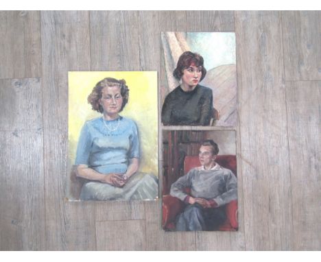 DEREK EXELL (XX) Two unframed oils on board of female portraits, both unsigned with another male portrait by another hand, un