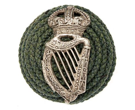 London Irish Rifles post 1901 Officer dark green cord boss bearing silvered badge.  Badge being crowned Harp.    Wires  Faded