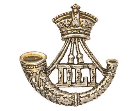 Durham Light Infantry Victorian DLI cap badge circa 1896-1901.  Good die-stamped white metal Imperial crowned strung bugle wi