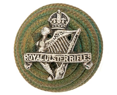 Irish. Royal Ulster Rifles Officer green cord boss bearing silver badge circa 1921-52.  Badge being crowned Maid of Erin Harp