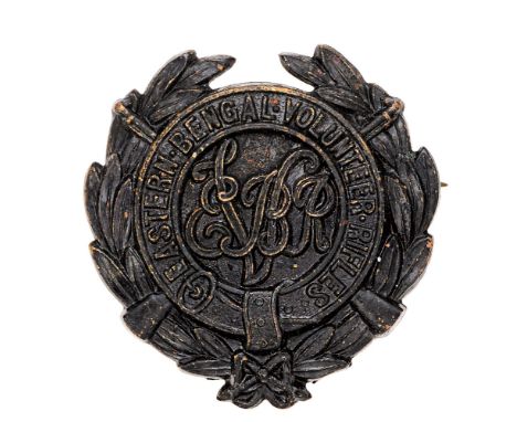 Indian Army. Eastern Bengal Volunteer Rifles pagri badge.  Good British made die-stamped blackened laurel sprays bearing cros