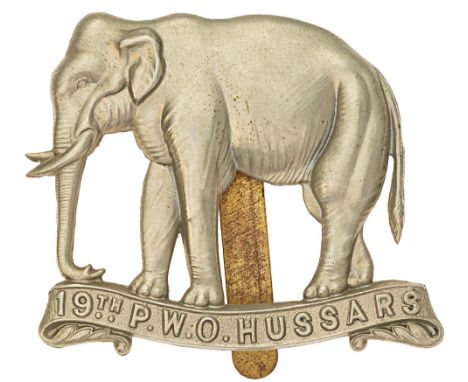 19th Princess of Wales Own Hussars cap badge circa 1898-1902.  Good die-stamped white metal elephant on single scroll 19TH P.