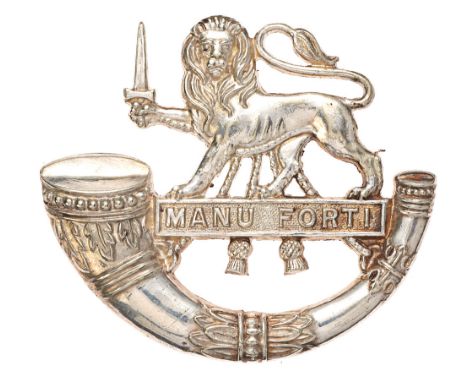 Herefordshire Light Infantry Officer cap badge.  Fine scarce die-cast silvered strung bugle surmounted by a lion holding erec