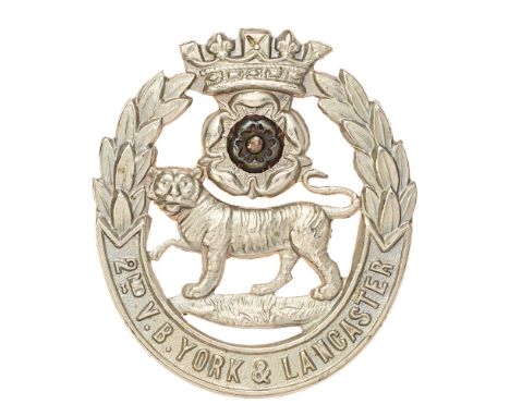 2nd (Doncaster) VB York &amp; Lancaster Regiment second pattern cap badge circa 1897-1908.   Good scarce die-stamped white me