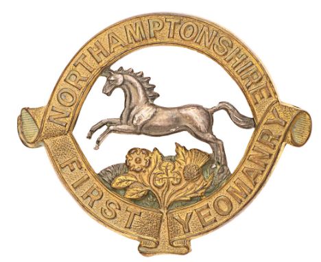 First Northamptonshire Yeomanry WW2 Officer cap/beret badge.  Fine scarce die-cast gilt elliptical title scroll; voided centr