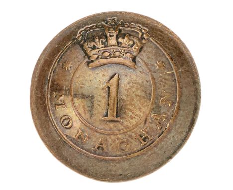 Irish. 1st Monaghan Militia Georgian/Willian IV Officer coatee button circa 1822-33.  Good scarce silvered open-back bearing 