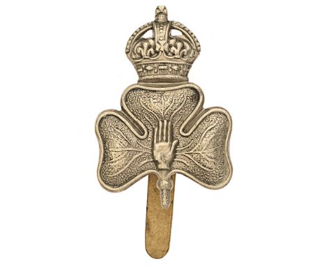 Irish. Ulster 14th Bn (Young Citizens) Royal Irish Rifles WW1 Kitchener Army cap badge.  Good scarce die-stamped white metal 