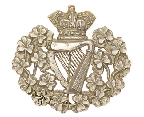 Royal Irish Regiment Victorian post 1881 pagri badge.  Good scarce die-stamped white metal crowned Harp resting within shamro