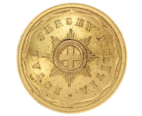 Royal Jersey Militia Victorian coatee button circa 1837.  Good rare gilt closed-back bearing Garter star with title in surrou