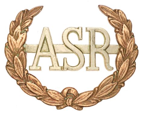 Army Scripture Readers cap badge.  Good scarce die-cast white metal ASR on bar within brass laurel sprays.    Loops.  GC PAYM