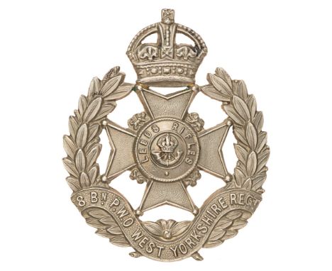 8th Bn. PWO West Yorkshire Regiment (Leeds Rifles) post 1908 cap badge.  Good scarce die-stamped white metal crowned Maltese 