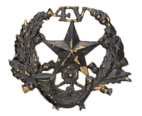 4th VB Cameronians (Scottish Rifles) Edwardian slouch hat badge circa 1904-08.  Good rare die-stamped blackened brass example
