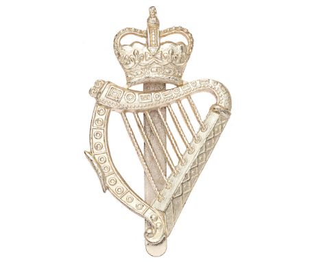 London Irish Rifles Officer post 1953 caubeen badge.  Good scarce large die-cast silver plated crowned harp,  J.R. Gaunt  Lon