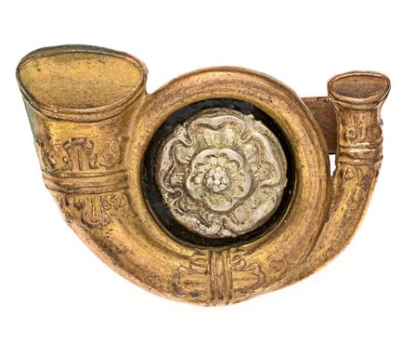 Kings Own Yorkshire Light Infantry KOYLI Officer cap badge.  Fine die-cast gilt French Horn with silvered Rose on black paten