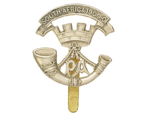4th &amp; 5th Bns. Somerset Light Infantry cap badge circa 1908-16.  Good scarce die-stamped white metal bugle strung from mu