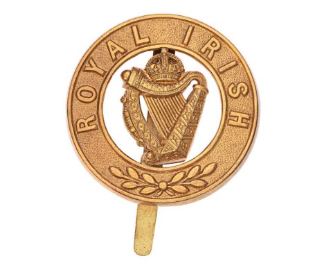 Royal Irish Regiment Edwardian pagri badge.  Good scarce post 1901 die-stamped brass title circlet; crowned Harp to voided ce